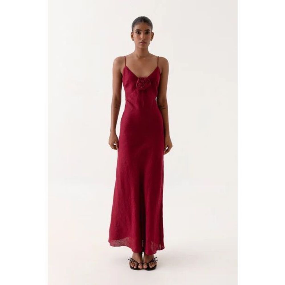Elegant Red Slip Maxi Dress with Floral Detail